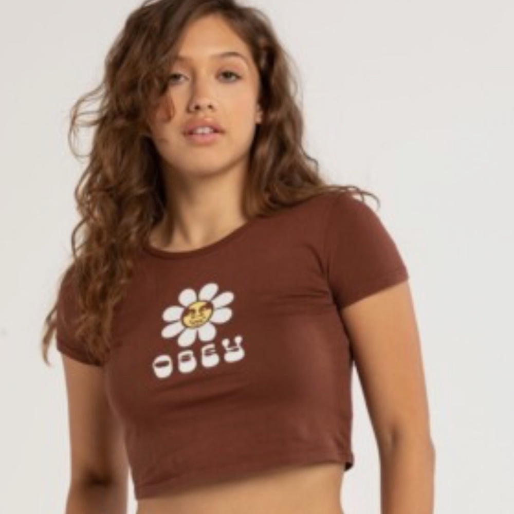 Obey Rust Tee with White Flower Graphic